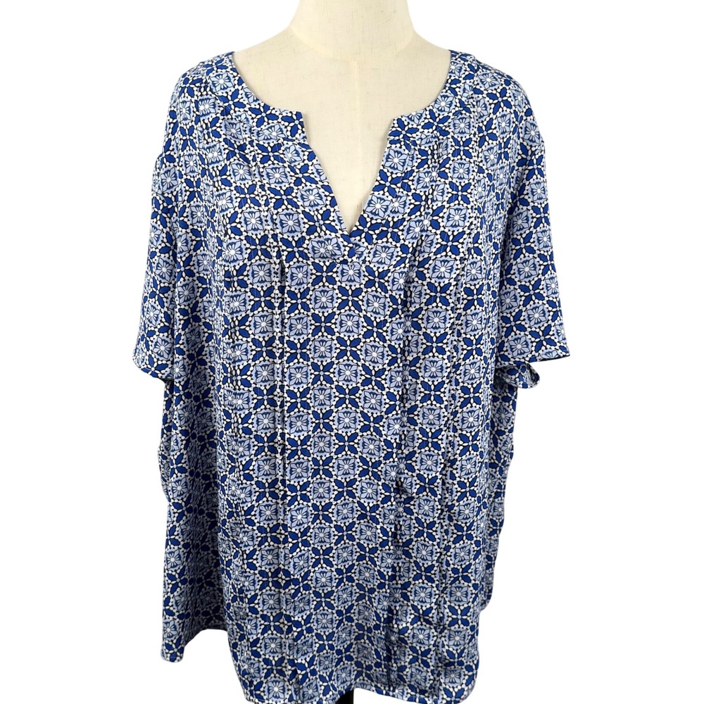 Liz Claiborne Womens 3X Blouse Blue Mosaic Split Neck SS Boho Coastal Artsy EUC